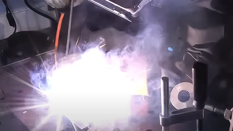 Intense arc light and smoke from a 7018 welding electrode in action on a welding table