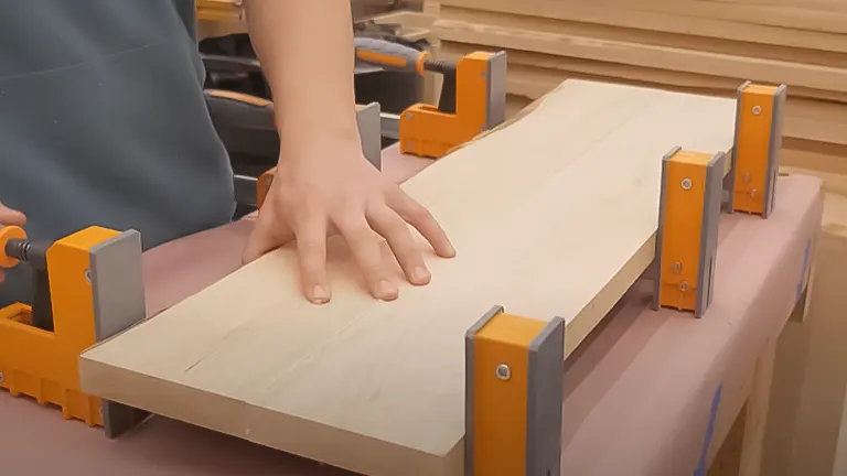 Hand securing a wooden board with orange clamps on a workbench