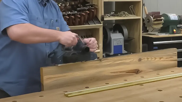 Woodworker using an electric hand plane on a piece of lumber at a woodworking bench