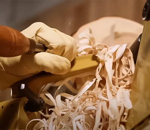 Hands chiseling wood on a Powermatic 3520C lathe, producing shavings