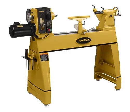 Yellow Powermatic 3520C wood lathe with digital controls and tool rest