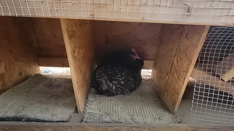Hen nesting on a straw mat inside a wooden chicken coop, an element of backyard chicken care