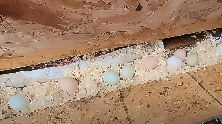 Fresh eggs laid in a nest box with wood shavings, typical in backyard chicken raising