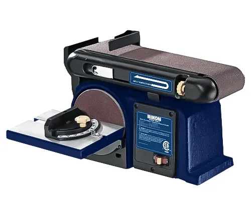 Blue Rikon 50-112 sander with brown belt and silver controls