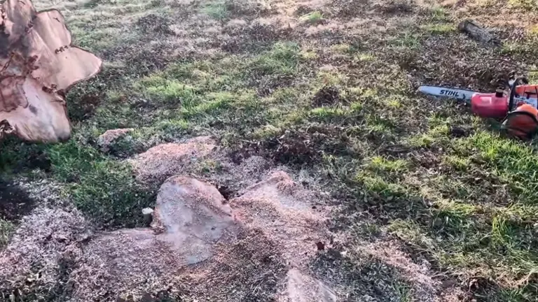 Freshly cut tree stump with exposed roots and a red STIHL chainsaw on the grassy ground.