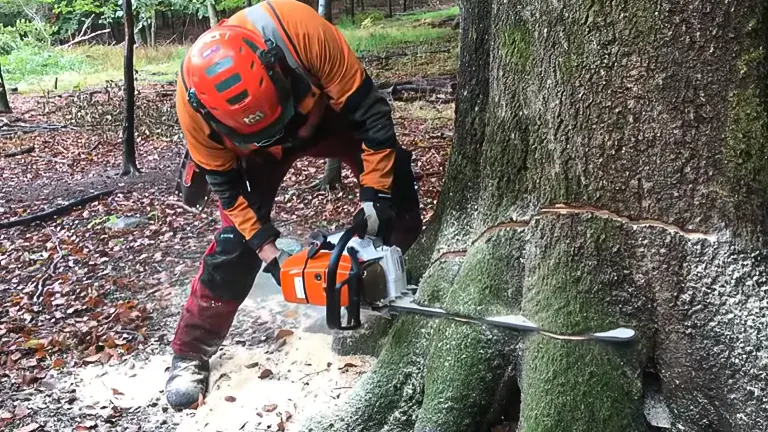 Person in safety gear using a STIHL MS 661 Chainsaw to cut a large tree in a wooded area.