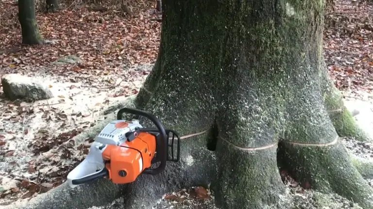 STIHL MS 661 Chainsaw placed next to a large tree in a forest setting.