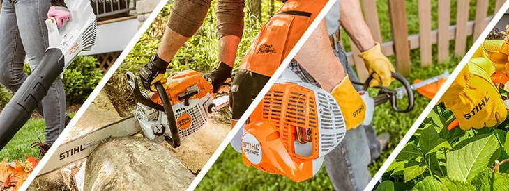 Individuals using various STIHL equipment for outdoor tasks such as leaf blowing, wood cutting, grass trimming, and hedge shaping.