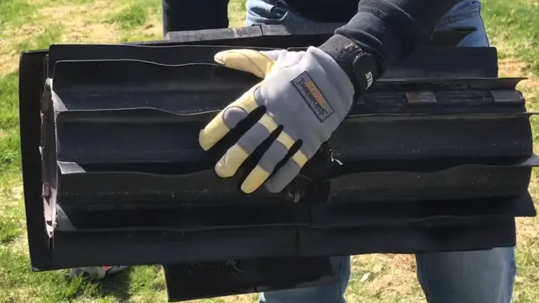 Person holding the heavy-duty rubber flaps of the  STIHL Rock Sweeper