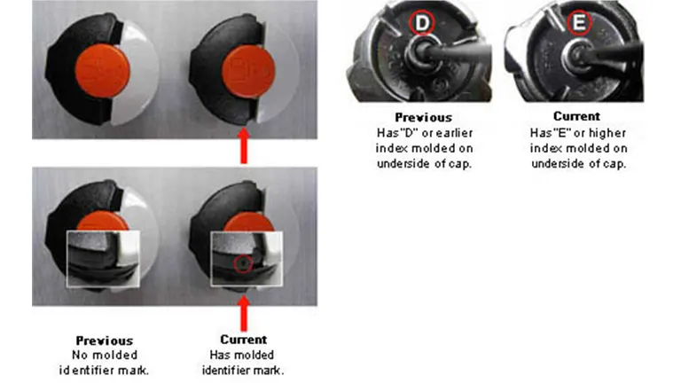 Comparison of old and new STIHL Rock Sweeper caps with identifier marks.