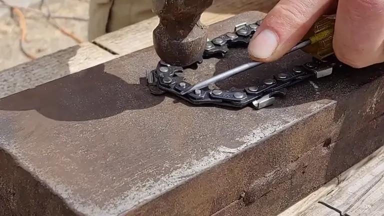 person using a hammer to start peening a chain on an anvil