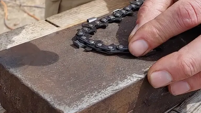 person’s hands verifying the length of a chain on a metal surface