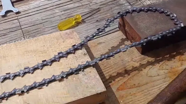 A chainsaw chain laid out on wooden planks for inspection