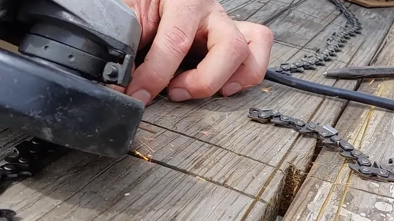 Person using a grinder on rivets, with sparks flying, on a wooden surface