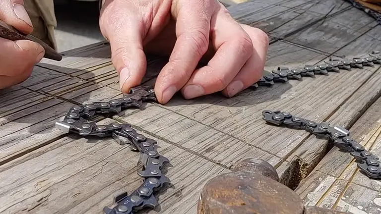 Hands assembling a chain on a wooden surface with a hammer nearby