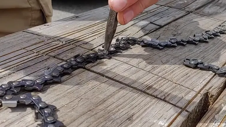 Person aligning and punching a bike chain on a wooden surface
