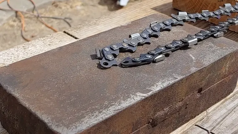 Chain positioned on a flat, rusty metal surface in a workshop setting