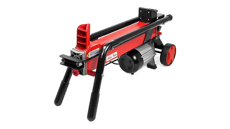 Red and black Stark USA electric portable 7-ton log splitter with wheels and a black motor housing