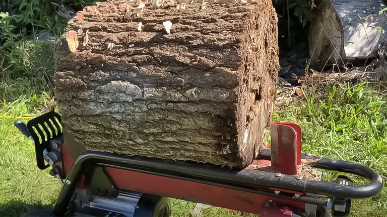Large log positioned on a Stark USA electric portable 7-ton log splitter, ready for cutting