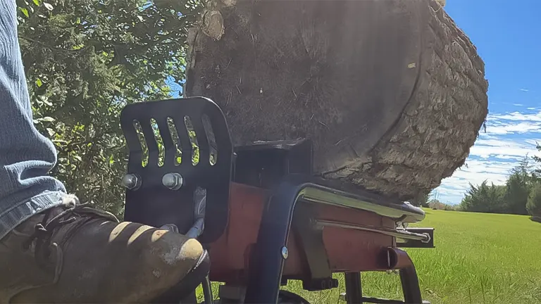 A person's foot on a Stark USA electric portable 7-ton log splitter with a large log in place
