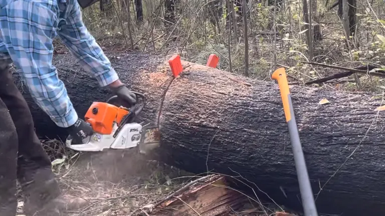 A person using a chainsaw to cut through a large log, with tools nearby