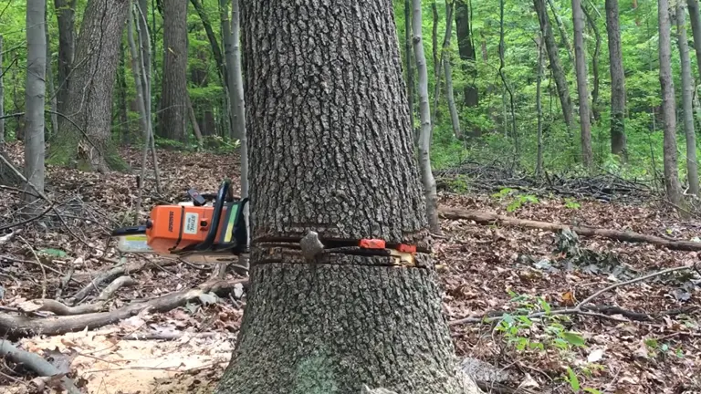 A chainsaw stuck in a tree trunk in the woods