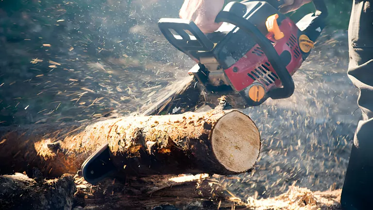 Person using a chainsaw to cut through a log, with wood chips flying around