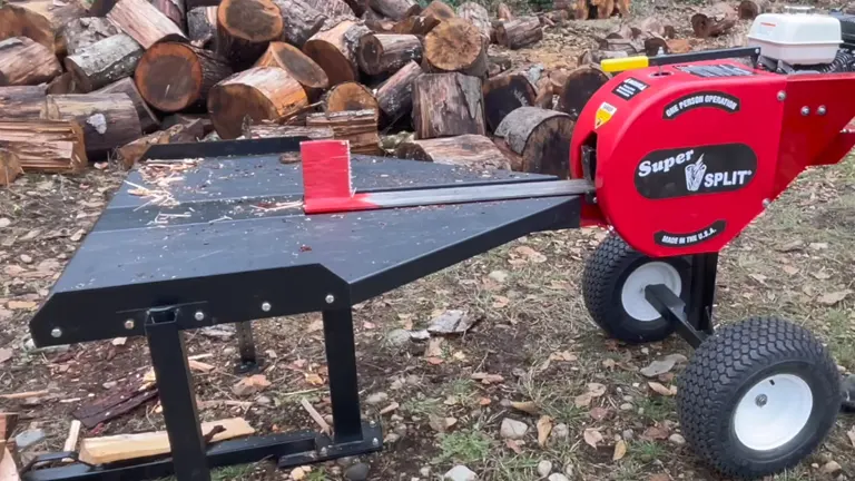 Red and black Super SPLIT log splitter machine in an outdoor setting with a pile of cut logs in the background