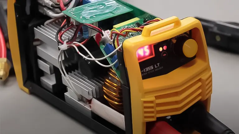 Open TOOLIOM TL-135S Stick Welder showing internal components and digital display powered on