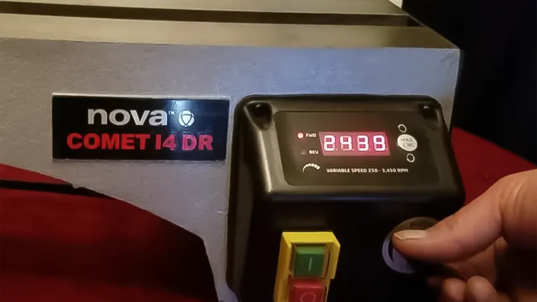 Adjusting speed on the digital control panel of a Nova Comet 14DR wood lathe