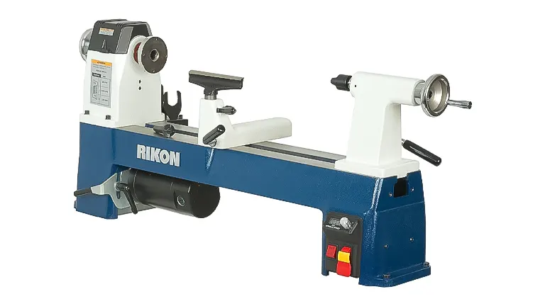 Rikon 70-220VSR midi wood lathe with blue and white design