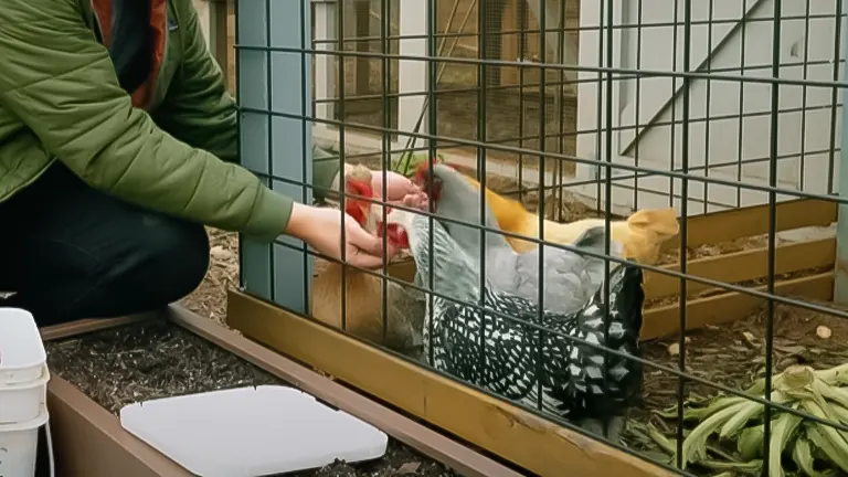 Person interacting with various chickens in a backyard coop