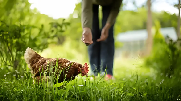 A person feeding a brown chicken in a lush green backyard