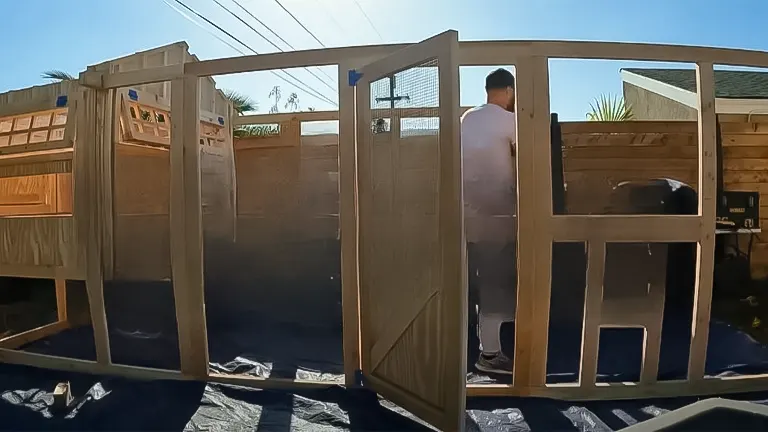 A person constructing a wooden chicken coop in a sunny backyard