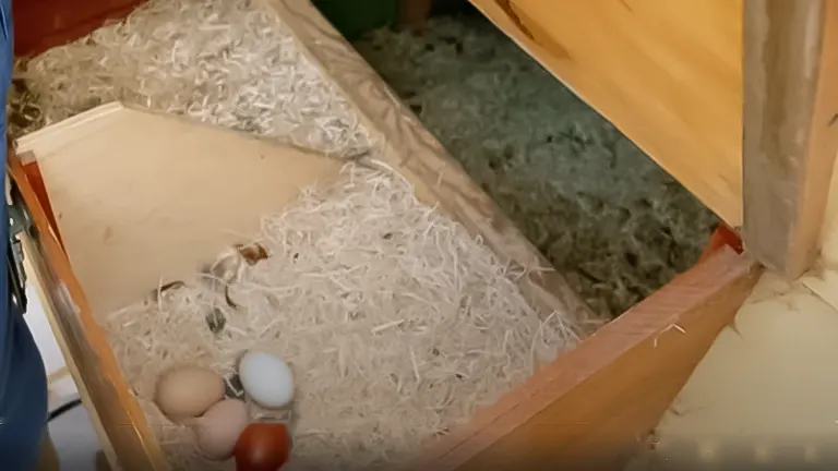 Chicken eggs in a nest box with wood shavings inside a coop
