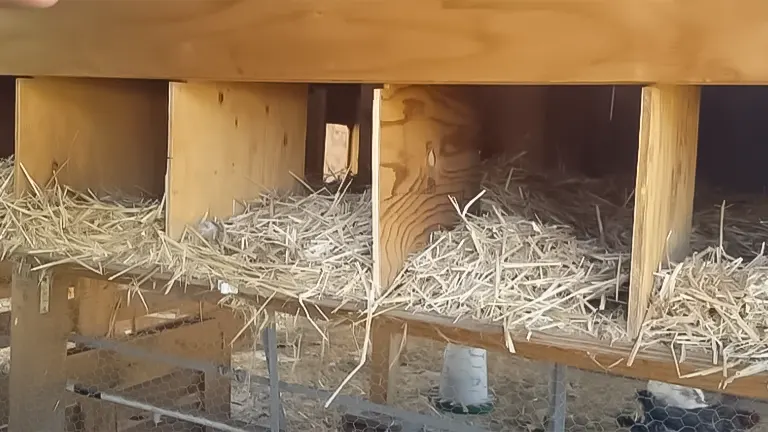 View under a raised chicken coop showing straw-lined nesting areas and a visible water dispenser below