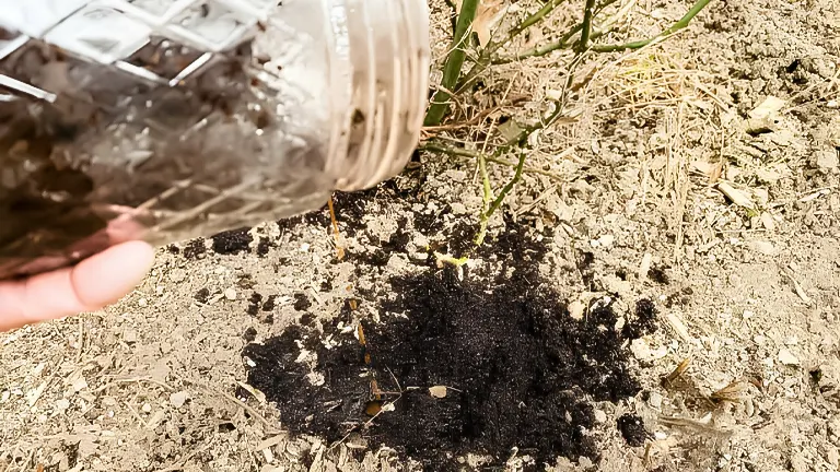 Hand pouring black soldier fly larvae from a jar onto soil