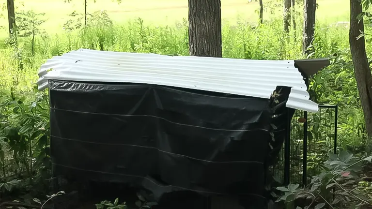A black soldier fly compost bin with a white corrugated roof in a woodland area