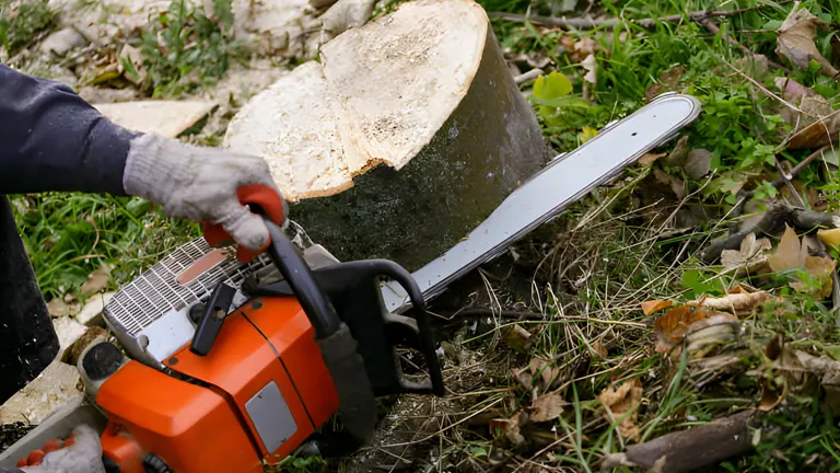 orange chainsaw cutting bark of the tree