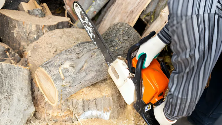 person holding chainsaw  with gloves cutting log