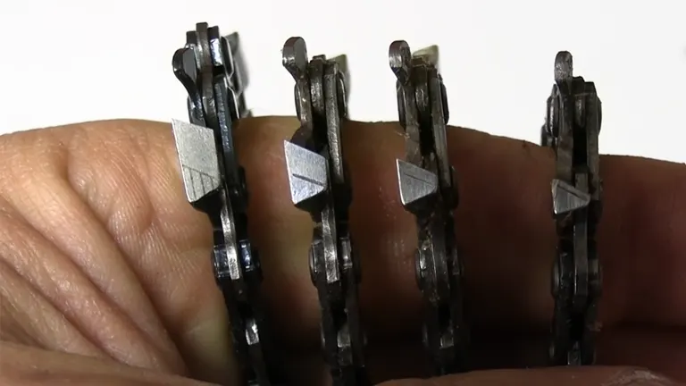 Close-up of four worn chainsaw chains on a hand