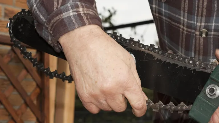 Person inspecting a worn chainsaw chain for replacement