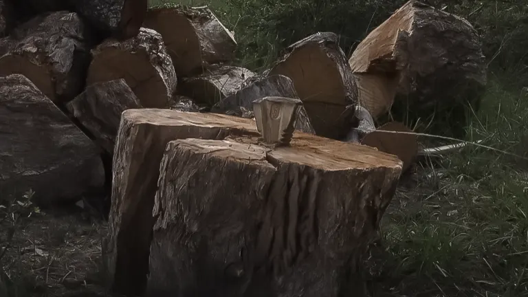 RockForge Wood-Diamond Splitting Wedge on a stump with split logs in the background