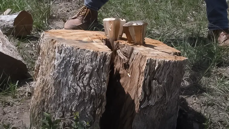Two RockForge Wood-Diamond Splitting Wedges in a stump with a person's feet in the background