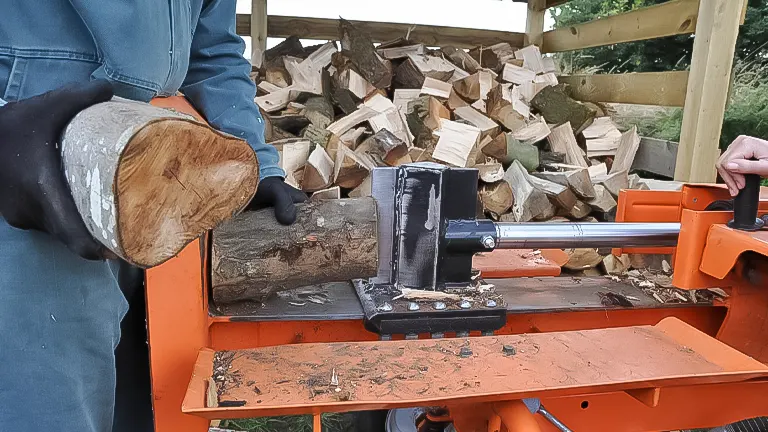 Person using a log splitter to split wood