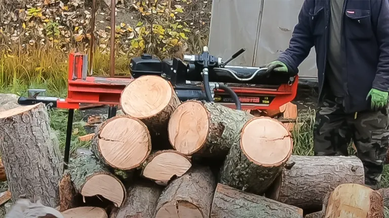 Person using a red wood splitter on a pile of logs
