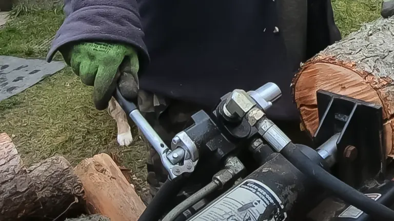 Close-up of a hand in a green glove adjusting a hydraulic wood splitter control lever