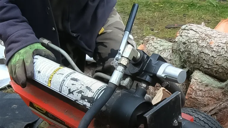 Close-up of hands operating the control lever on a log splitter