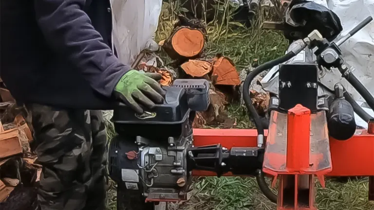 Person adjusting the motor of a red log splitter with split wood in the background