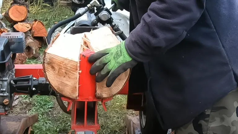 Close-up of a log being split by a mechanical wood splitter, with a person's gloved hand guiding the process